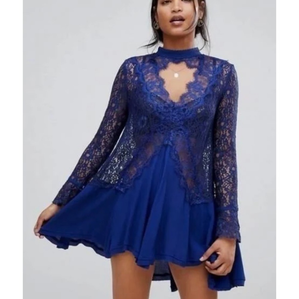 NEW Free People Tell Tale Lace Cut Out Navy Blue Tunic Dress Boho Festival XS